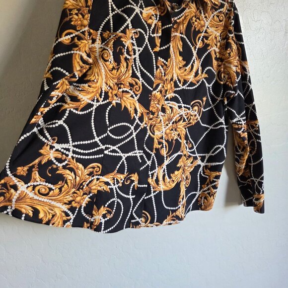Chico's No Iron Printed Button Up Top Black/Gold Size XL 100% Cotton Long Sleeve - Picture 4 of 9